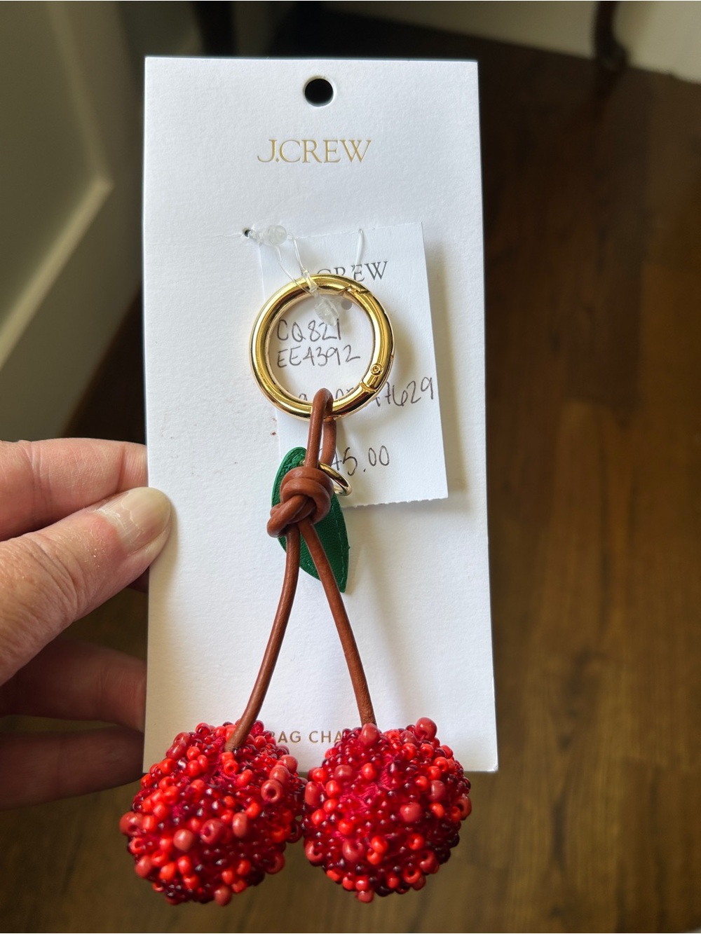 J.Crew Red Beaded Cherry Bag Charm with Gold Ring